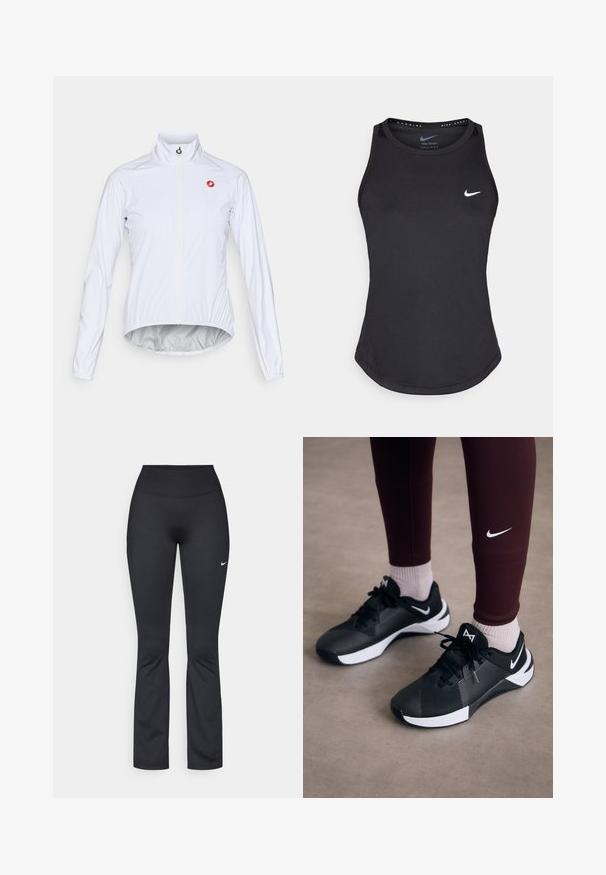 Bijela biciklistička jakna od laganog materijala, s prednjim zatvaračem, stojećim ovratnikom i malim crvenim logom na lijevoj strani prsiju.; Crni atletski top bez rukava izrađen od materijala koji upija vlagu. Ima okrugli izrez, uski kroj i bijeli Nike logo na prsima.; Crne sportske helanke s visokim pojasom, izrađene od glatkog, rastezljivog materijala. Imaju mali bijeli Nike logo na lijevom bedru.; Crne atletske cipele s teksturiranim gornjim dijelom i bijelim naglascima, opremljene vezicama i logotipom sa strane. Nosene s maroon tajicama i svijetlim čarapama.