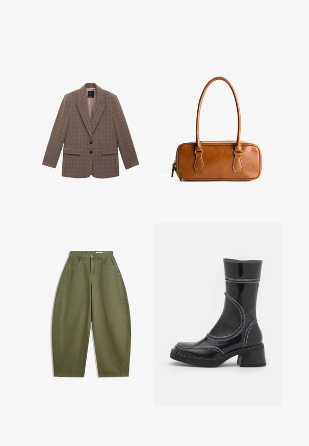 Brown plaid blazer made from textured fabric, featuring a notched lapel, two front pockets, and two black buttons as closure.; Light gray hoodie made of soft fabric, featuring a front kangaroo pocket, adjustable hood, and ribbed cuffs and hem.; Olive green wide-leg pants made of cotton, featuring a high waist, front pockets, and a smooth texture. No embellishments or patterns.; Black patent leather ankle boot with white stitching, rounded toe, and block heel. Features curved design lines and a smooth texture.; Brown leather handbag with two long handles, rectangular shape, smooth texture, zip closure, and silver-tone hardware accents.