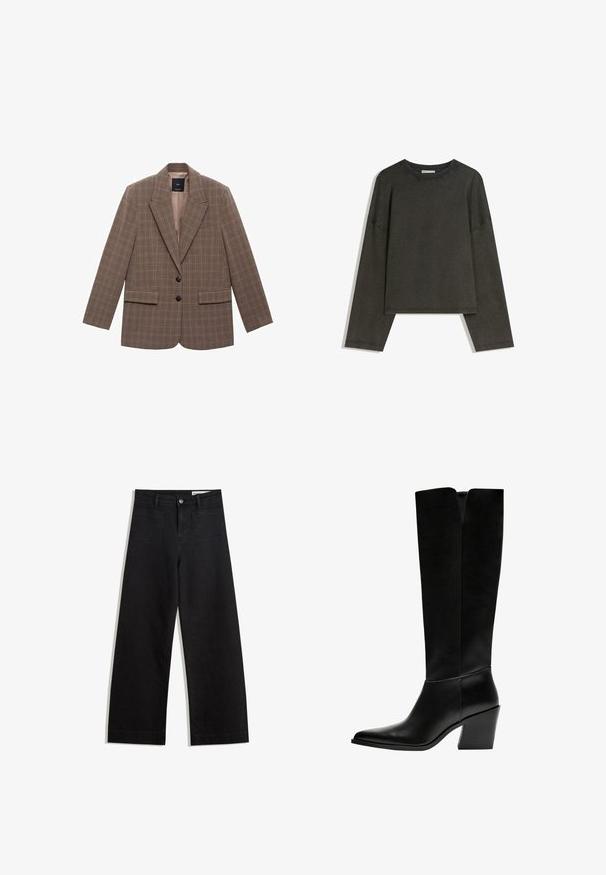 Blazer cu carouri maro, realizat dintr-un material texturat, având rever înclinat, două buzunare frontale și două nasturi negri la închidere.; Tricou lung cu maneci gri închis, realizat dintr-un amestec de bumbac. Formă pătrată cu guler rotund și umeri căzuți, prezentând cusături vizibile.; Pantaloni din denim negri cu picioare largi, cu talie înaltă, având buzunare frontale și posterioare, cusături dublate și închidere cu nasture. Textură netedă.; Cizme negre până la genunchi, fabricate din piele netedă, cu vârf ascuțit, toc pătrat și o decupare în formă de V în partea de sus.