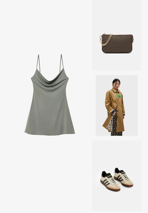 Brązowy oversize trencz z zielonym haftem "M", czarnym zapięciem na guziki i wzorzystym podszewką, która wystaje z mankietów.; Luźna, jasnoszara bluzka na ramiączkach z cienkimi, regulowanymi paskami, wykonana z miękkiego materiału, charakteryzująca się swobodnym krojem i gładką teksturą.; Beżowe zamszowe buty sportowe z czarnymi skórzanymi akcentami, białymi sznurowadłami i brązową gumową podeszwą. Trzy czarne pasy po każdej stronie.; Brązowa skórzana torebka na ramię z wzorem logo, złotym łańcuszkiem na pasku, zapięciem na zamek błyskawiczny oraz złotymi akcentami. Kompaktowy i prostokątny kształt.