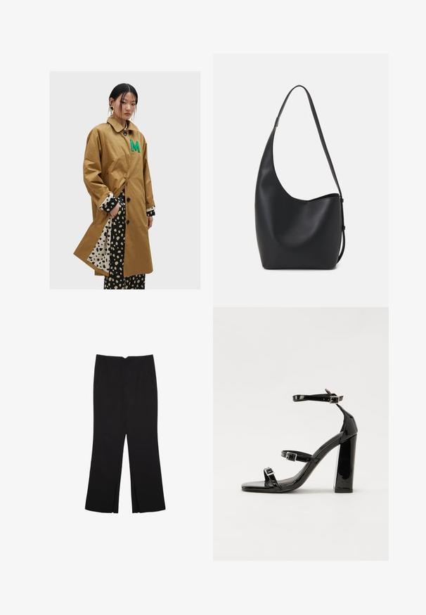 Brun, lång kappa med grön "M" brodyr, utrustad med klassisk krage, svarta knappar samt foder och manschetter med prickigt mönster.; Svart långärmad croppad topp med rund halsringning, enkel design och en något rundad nederkant.; Svarta byxor med rak passform, utrustade med framfickor och sidoklyvningar vid fållen. Tillverkade av mjukt, slätt tyg. Lämpliga för olika tillfällen.; Svarta lackerade högklackade sandaler med två spännband, fyrkantig tå och en tjock klack, med en slät och glansig yta.; Svart läder hobo-väska med en slät textur, kurvig form och en justerbar axelrem; har en bred öppning upptill.