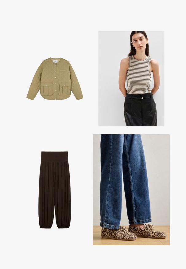 Beige Steppjacke mit rundem Halsauschnitt, Druckknöpfen, einer Brusttasche und zwei Vordertaschen. Weicher Stoff und entspannte Passform.; Beige und schwarzes gestreiftes Rippen-Top mit Rundhalsausschnitt, kombiniert mit einem figurbetonten schwarzen Lederrock mit Frontreißverschluss und Gürteldetails.; Braune plissierte Hose mit einem breiten, elastischen Bund. Der Stoff ist leicht und strukturiert und hat an den Säumen Gatherings.; Leopardenmuster-Loafers aus Wildleder, mit abgerundetem Zehenbereich, Schnürdesign und flachen, flexiblen Sohlen, kombiniert mit blauen Jeans.