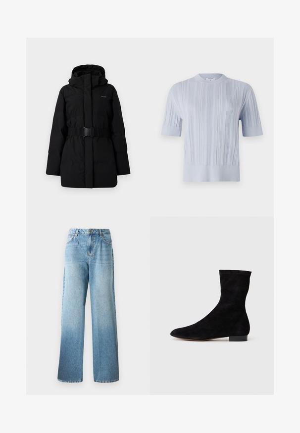 Black padded coat with a belted waist, high collar, and hood. Smooth, matte texture with no visible patterns or accents. Minimalist design.; Light blue short-sleeved knit top featuring vertical ribbed texture and a crew neckline. The fabric shows subtle detailing with a fitted hem.; Light blue denim jeans with a loose fit, straight legs, and subtle embellishments. Features traditional five-pocket design and belt loops.; Black suede ankle boot with a fitted shaft, pointed toe, and a low block heel. Smooth texture and minimalistic design, suitable for versatile styling.