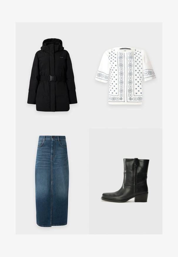 Μαύρο επενδυμένο παλτό με ζώνη στη μέση, ψηλό γιακά και κουκούλα. Λείο, ματ υλικό χωρίς ορατά σχέδια ή λεπτομέρειες. Μινιμαλιστικός σχεδιασμός.; Λευκό μπλουζάκι κοντομάνικο με μπλε λουλουδάτη κεντητική, στρογγυλή λαιμόκοψη και περίπλοκα σχέδια στο μπροστινό μέρος και τα μανίκια.; Μίντι φούστα από τζιν σε σκούρο indigo, με εμπρόσθιο άνοιγμα και ελαφριά φθορά. Κλασικός σχεδιασμός πέντε τσεπών με κλείσιμο από μεταλλικό κουμπί.; Μαύρη δερμάτινη μπότες αστραγάλου με στρογγυλή μύτη, τετράγωνη φτέρνα, πλαϊνό φερμουάρ και ραφές στη μύτη. Ομαλή υφή, κλασικός σχεδιασμός.