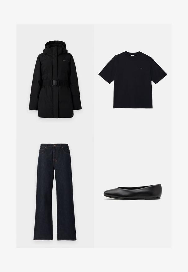 Black padded coat with a belted waist, high collar, and hood. Smooth, matte texture with no visible patterns or accents. Minimalist design.; Black short-sleeve t-shirt made of cotton, featuring a crew neckline and a small logo on the left chest. Smooth texture and relaxed fit.; Dark blue wide-leg jeans made of denim, featuring orange stitching, two front pockets, and a button closure at the waistband.; Paul Smith TOPANGA - Ballet pumps - black