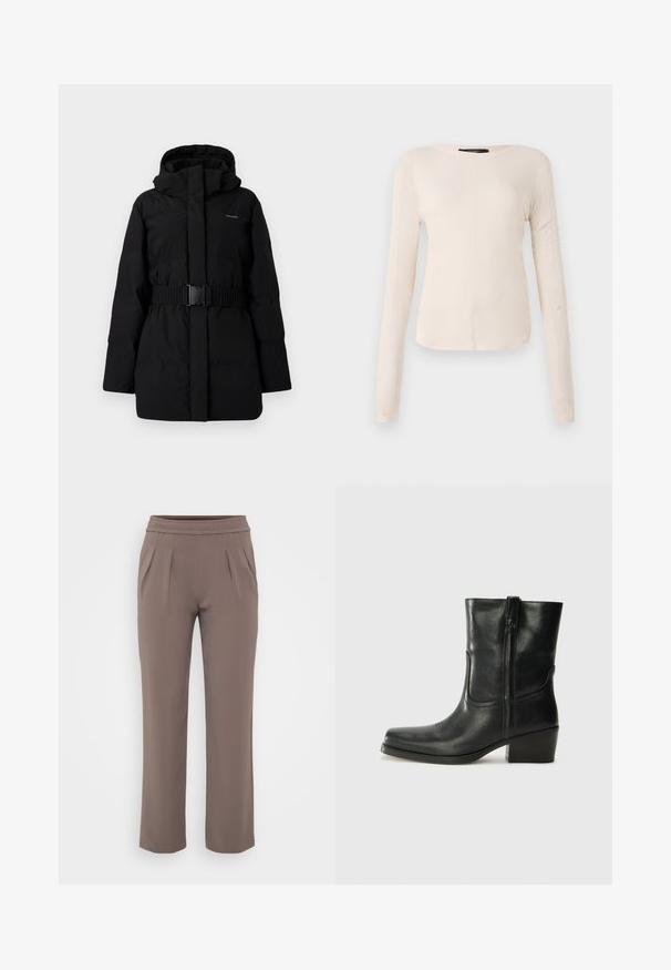 Juodas paminkštintas paltas su diržu, aukštu gaubtu ir gobtuvu. Lygus, matinio paviršiaus be matomų raštų ar akcentų. Minimalistinis dizainas.; Ilgesnių rankovių, šviesiai bežinis viršus su apvaliu iškirpimu. Pagamintas iš minkštos medžiagos, turi centrinę siūlę ir šiek tiek kreivą apatinių kraštų liniją. Matomų detalių nėra.; Smėlinės laisvo kirpimo kelnės su elastinga juosmens juostele ir priekine klostele, pagamintos iš lygaus audinio.; Juodi odiniai aulinukai iki kulkšnies su apvali nosimi, blokuotais kulnais, šonine užtrauktuku ir siuvimo akcentais ant viršutinės dalies. Lygi tekstūra, klasikinis dizainas.