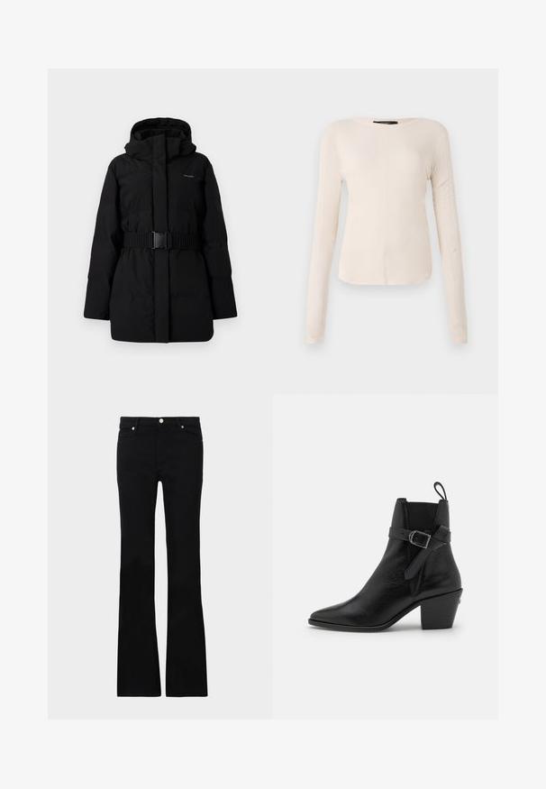 Fekete steppelt kabát övvel a deréknál, magas gallérral és kapucnival. Sima, matt textúra, látható minták vagy díszítőelemek nélkül. Minimalista dizájn.; Hosszú ujjú, világos bézs blúz kerek nyakkivágással. Puha anyagból készült, középső varrással és enyhén ívelt szegéllyel rendelkezik. Nincs rajta látható fémrész.; Fekete, bővülő szárú farmernadrág, két elülső zsebből áll, gombos záródással és sima textúrával rendelkezik. A varrásoknál látható a jellegzetes öltés.; Fekete bőr bokacsizma hegyes orral, tömbsarkal és oldalsó csat részlettel. Simára kidolgozott textúrával rendelkezik, és a hátulján húzófül található.