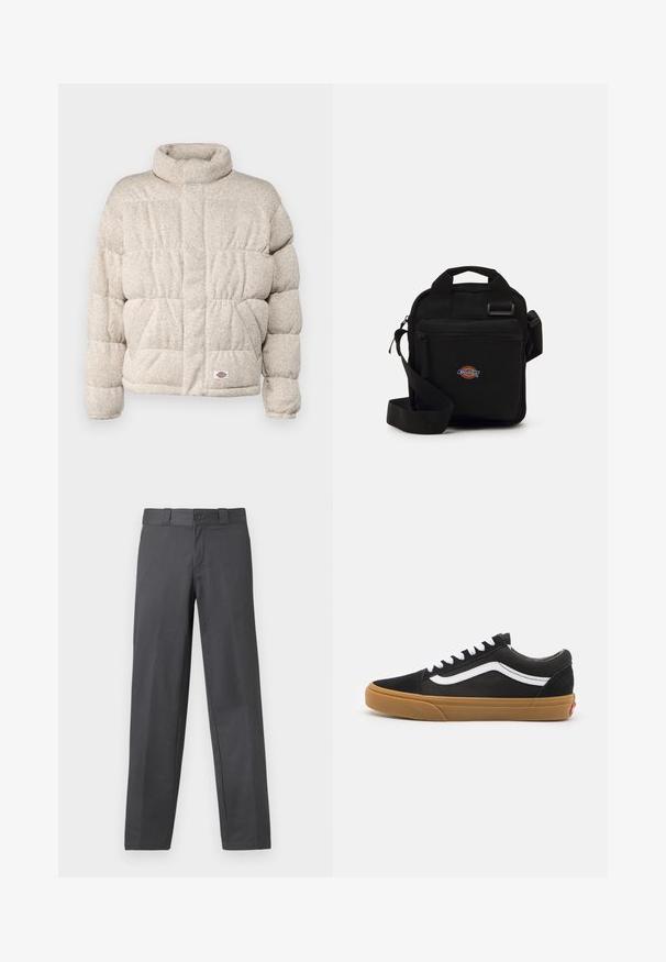 Casaco acolchoado em tecido bege claro com gola alta, apresentando um design acolchoado e um pequeno emblema na bainha.; Sweatshirt cinza claro feito de tecido suave, com decote redondo, mangas longas e punhos e bainha canelados. Design minimalista sem padrões.; Calças cinzentas feitas de tecido suave, apresentando um design de perna reta, fecho de botão e passantes para cinto; costuras mínimas e sem padrões.; Ténis de camurça preta com risca lateral branca, atacadores brancos e sola de borracha tipo gum. Design clássico de baixo com pormenores texturizados e bico arredondado.; Bolsa transversal preta com um bolso com fecho, forma retangular, feita de tecido, apresentando um patch de logo na frente, alça de ombro ajustável.