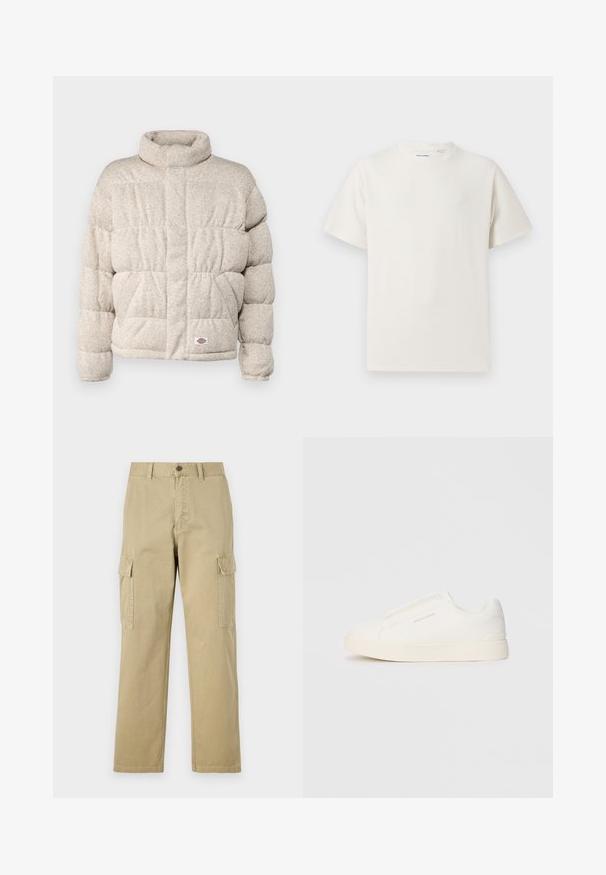 Polstret jakke i lys beige stof med høj krave, prydet med et quiltet mønster og et lille logo-patch i kanten.; Hvit T-skjorte med kort erm i ribbestrikket tekstur. Rund hals, avslappet passform, ingen synlige mønstre eller detaljer. Enkelt og allsidig design.; Beige cargo bukser laget av bomull, med to sidelommer, knappelukking, og rette ben med et lett strukturert stoff.; Hvite slip-on joggesko med teksturert overflate, tykk såle og minimalistisk design. Har merkevarelogo på siden.