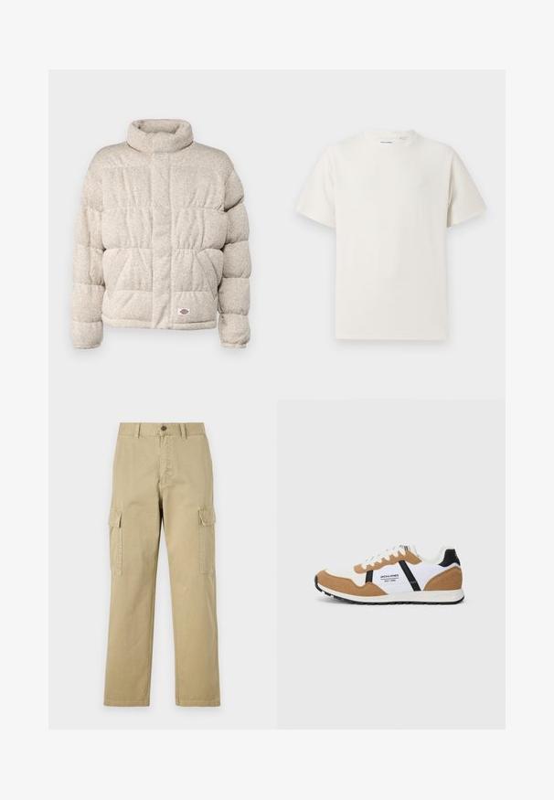Padded jacket šviesiai bežinėmis medžiagomis su aukštu apykakliu, su siūtu dizainu ir mažu logotipo plačiu apatinėje dalyje.; Balta trumpa rankovė T-polo marškinėlių su juostelėmis tekstūra. Apvalus iškirpimas, laisvas fasonas, jokių matomų raštų ar akcentų. Paprastas ir universalus dizainas.; Kreminės spalvos cargos kelnės, pagamintos iš medvilnės, su dviem šoninėmis kišenėmis, mygtukų užsegimu ir tiesiomis kojomis, šiek tiek tekstūruotu audiniu.; Retro stiliaus sportbačiai su balta, tan zomša, juodais akcentais, baltais raišteliais ir "Jack & Jones EST. 1990" logotipu šone.