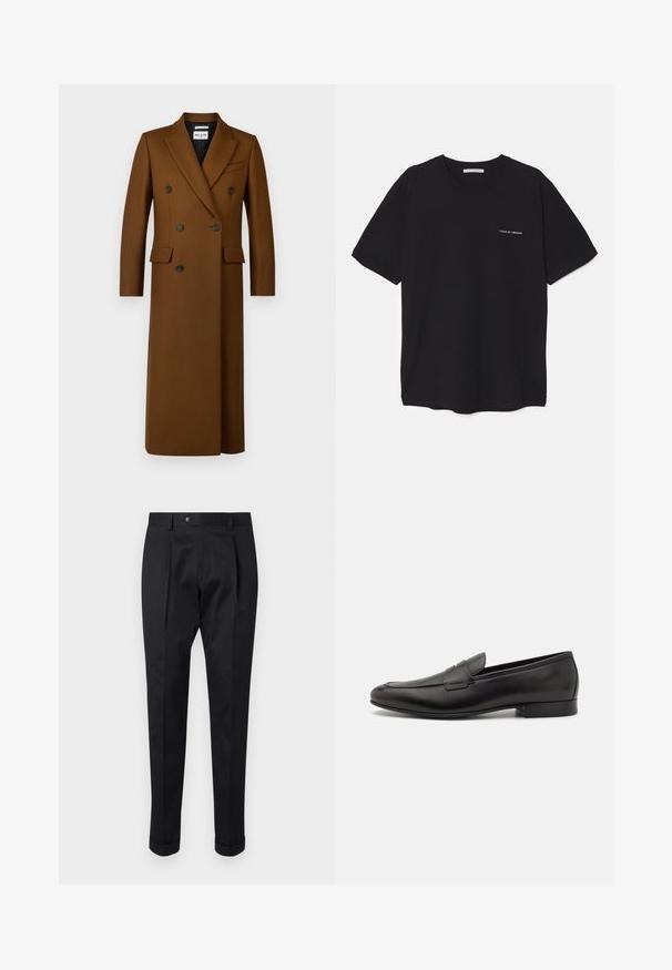 Paul & Joe USALLY - Klasikinis paltas - tabac; Juoda medvilninė marškinėlė su apykakle, trumpomis rankovėmis ir baltu logotipu kairėje krūtinės pusėje. Paprastas, vientisas spalvų dizainas.; Juodos kelnės pagamintos iš lygaus audinio, su raukšle priekyje, mygtuko uždarymu ir suknežintomis rankovėmis ties kulkšnimi.; Juodi odiniai loafersai su šiuolaikiniu dizainu, apvaliu smailiu ir žemu pakeltu kulnu. Apatinėje dalyje yra dekoratyvinis siuvinėjimo detalė.