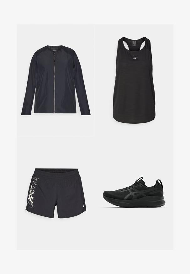 Dunkelblau leichtgewichtige Jacke mit Rundhalsausschnitt, durchgehendem Reißverschluss und langen Ärmeln. Glattes, wasserabweisendes Material mit minimalen Details.; Schwarzes sportliches Tanktop aus leichtem Material. Mit rundem Halsausschnitt, Racerback-Design und kleinem weißen Logo auf der Vorderseite.; Schwarze Sportshorts mit einem elastischen Bund und einem Logo. Die Seite hat ein Design mit weißen Akzenten und einem gepunkteten Muster.; Schwarze Sportschuhe mit einem atmungsaktiven Obermaterial, strukturiertem Stoff, dicker Sohle und subtilen Branding-Details. Schnürsenkel und Zuglasche sind enthalten.