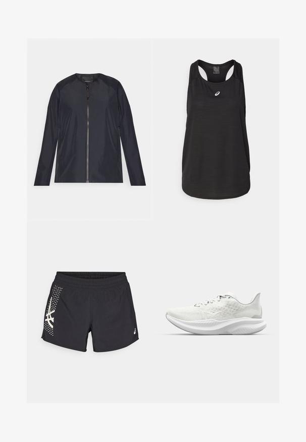 Dunkelblau leichtgewichtige Jacke mit Rundhalsausschnitt, durchgehendem Reißverschluss und langen Ärmeln. Glattes, wasserabweisendes Material mit minimalen Details.; Schwarzes sportliches Tanktop aus leichtem Material. Mit rundem Halsausschnitt, Racerback-Design und kleinem weißen Logo auf der Vorderseite.; Schwarze Sportshorts mit einem elastischen Bund und einem Logo. Die Seite hat ein Design mit weißen Akzenten und einem gepunkteten Muster.; Weiße Sportschuhe mit strukturierter Oberschicht, Schnürdesign und einer gepolsterten Sohle mit wellenförmigem Profil. Dezentes Branding an der Seite.