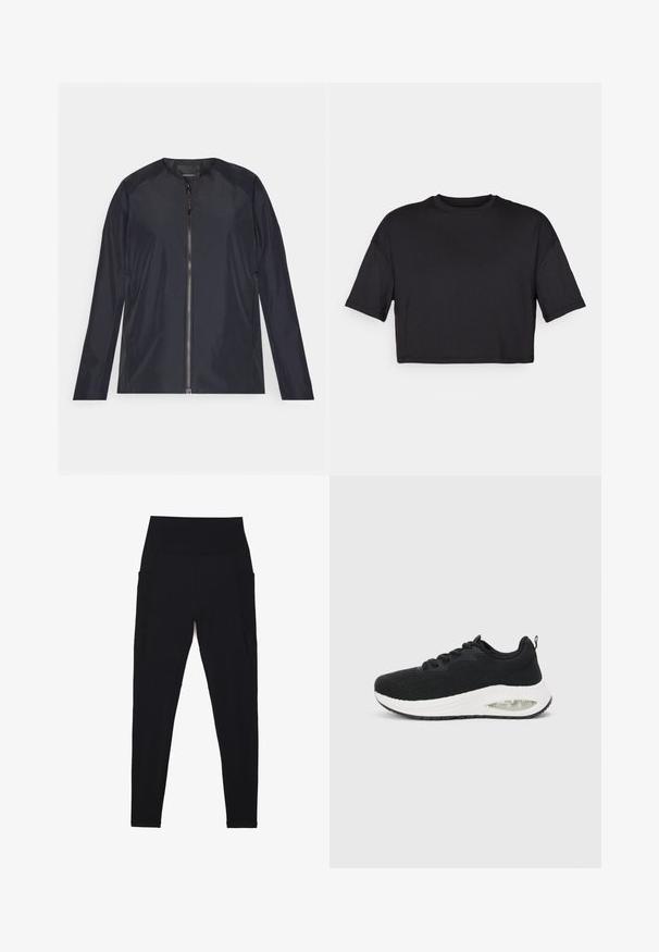 Giacca leggera di colore blu navy, con scollatura rotonda, zip frontale completa e maniche lunghe. Tessuto morbido e resistente all'acqua con dettagli minimi.; T-shirt nero cropped realizzato in tessuto morbido, con scollatura rotonda e maniche corte e larghe, dal design semplice e senza cuciture.; Leggings neri realizzati in tessuto elasticizzato con una vita alta e a costine. Presentano tasche laterali e un design senza cuciture per un maggiore comfort.; Sneaker sportivo nero con tomaia in maglia testurizzata, suola intermedia bianca e dettagli di ammortizzazione ad aria visibili. Presenta lacci neri e un'etichetta per il pull.
