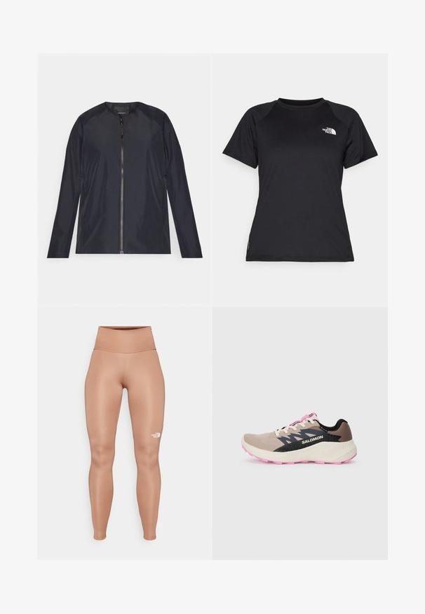 Navy blue lightweight jacket, featuring a round neckline, full front zipper, and long sleeves. Smooth, water-resistant fabric with minimal detailing.; Black short-sleeve athletic t-shirt with crew neck and The North Face logo on the upper left chest.; High-waisted, form-fitting leggings in a light brown color. Made from smooth, stretchy material with a white logo on the left thigh.; Beige and pink Salomon running shoe with black logo and design accents, cream midsole, and pink outsole, viewed from the side on a plain background.