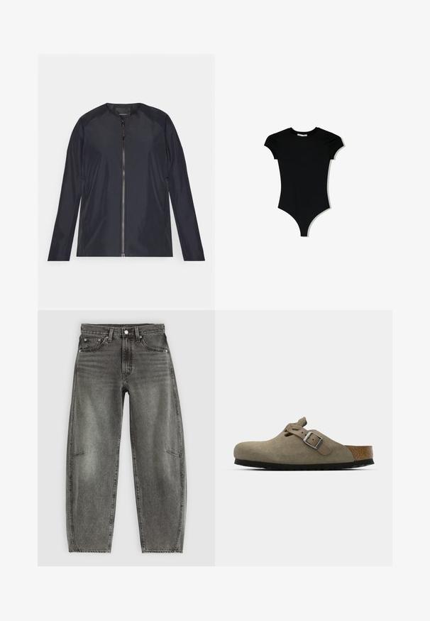 Mornarsko plava lagana jakna sa okruglim izrezom, punim prednim patentnim zatvaračem i dugim rukavima. Glatka, vodoodbojna tkanina s minimalnim detaljima.; Crni bodysuit kratkih rukava s okruglim izrezom i visokim izrezima na nogavicama, napravljen od glatkog, rastezljivog materijala.; Traperice s visokim strukom u svijetlosivo pranje, s pet džepova, zatvaranjem na dugme i opuštenim ravnim krojem.; Svetlosmeđe suede klompe s oblikovanim plitkim i gumenim đonom. Imaju bočnu traku s metalnom kopčom i zaobljenim prstima.
