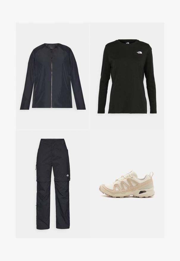 Jasnoniebieska, lekka kurtka, z okrągłym dekoltem, pełnym zamkiem błyskawicznym z przodu i długimi rękawami. Gładki, wodoodporny materiał z minimalnymi detalami.; Czarna koszulka z długim rękawem z bawełny z okrągłym dekoltem. Posiada niewielkie białe logo po lewej stronie na piersi. Prosty design i fason.; Czarne nylonowe spodnie cargo z odpinanymi nogawkami, regulowanymi mankietami, wieloma kieszeniami oraz logo na prawej nogawce. Gładka, lekka tekstura.; Beżowe i kremowe buty sportowe z teksturowanej siateczki, wspierającymi nakładkami oraz gumową podeszwą z wzorem bieżnika zapewniającym przyczepność.