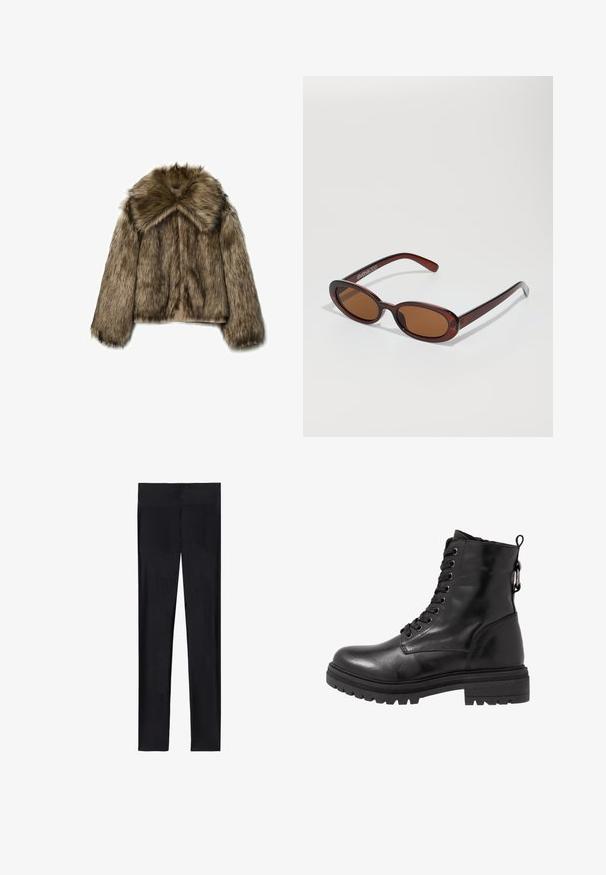 Faux fur jacket in brown tones, featuring a wide collar, long sleeves, and zip closure. The texture is fluffy with a soft, luxurious appearance.; Black turtleneck sweater made of soft knit fabric. Features long sleeves and a fitted design with a straight hemline.; Black leggings made of stretchy fabric; features a smooth texture, full-length design, and an elastic waistband without visible seams.; Black leather ankle boot with round toe, lace-up front, and textured rubber sole. Features a pull tab at the back and reinforced stitching.; Round, brown-tinted sunglasses with a glossy burgundy frame. Slim arms with subtle branding detail. Flat lens design.; Brown leather handbag with a structured design. Features a front flap, dual handles, a removable shoulder strap, and a floral scarf tied on one side.; Black leather gloves with three distinct finger sections and one thumb section, featuring elasticized cuffs for a snug fit. Smooth texture.