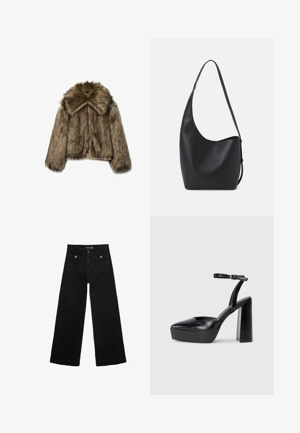 Umelý kožuch v hnedých odtieňoch, s širokým golierom, dlhými rukávmi a zipsom. Textúra je nadýchaná s jemným, luxusným vzhľadom.; Tmavošedý top s krátkym rukávom a lodičkovým výstrihom. Vyrobený z rebrovanej látky, s voľným strihom a čistým lemovaním. Jednoduchý dizajn, bez vzorov.; Čierne široké nohavice s vysokým pásom, s dvoma prednými vreckami a kovovými detailmi na gombíku. Tkanina má hladkú textúru.; Čierne platformové podpätky so špicatou špičkou a nastaviteľným členkovým remienkom. Vyrobené z hladkej kože a so robustným blokovým podpätkom.; Čierna kožená hobo taška so hladkou textúrou, zakriveným tvarom a jedným nastaviteľným popruhom; má široké otvorenie na vrchu.