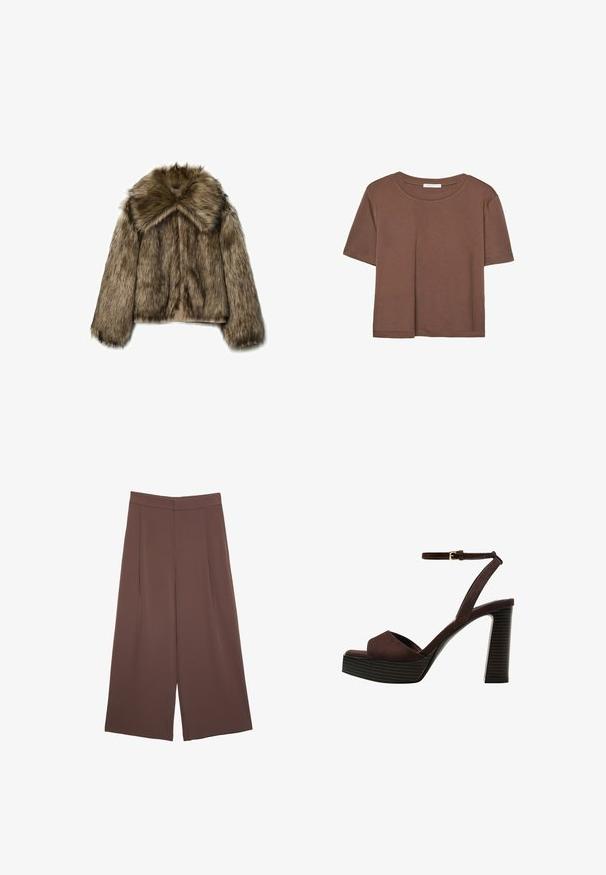 Faux-Fur-Jacke in Brauntönen, mit weitem Kragen, langen Ärmeln und Reißverschluss. Die Textur ist flauschig und hat ein weiches, luxuriöses Aussehen.; Braunes, kurzärmliges T-Shirt aus weichem Material mit rundem Halsausschnitt und lockerer Passform. Keine sichtbaren Muster oder Akzente.; Braune Weite-Leg-Hosen mit einer glatten Textur, hoher Taille und Vorderfalten. Der Stoff ist leicht und fällt locker.; Braune Wildleder-Pumps mit offenem Zeh, verstellbarem Knöchelriemen und gestreiftem Plateausohlen.