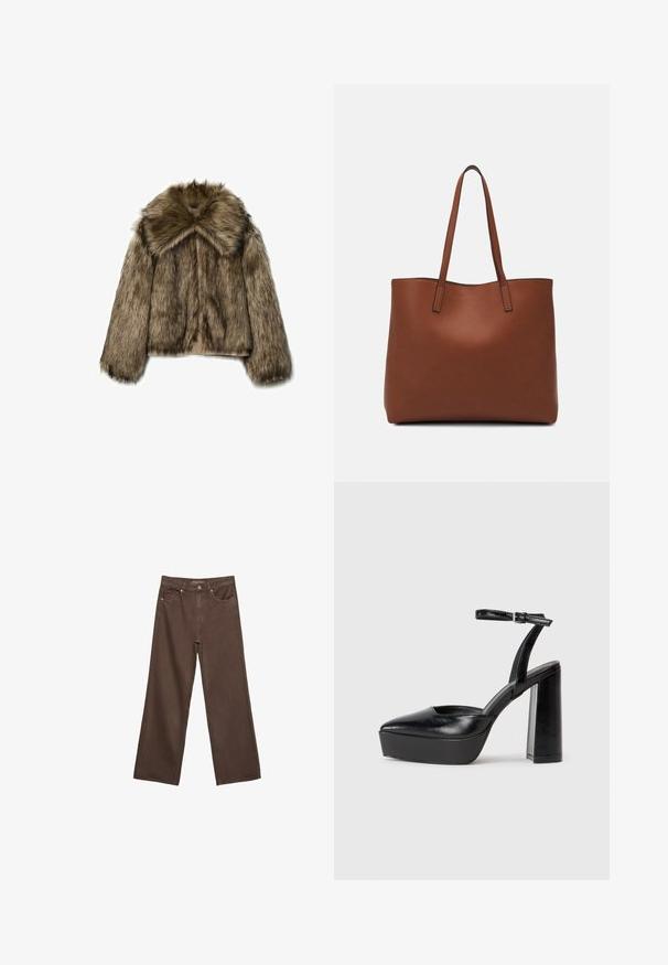 Lažno krznena jakna v rjavih odtenkih, z širokim ovratnikom, dolgimi rokavi in zadrgo. Tekstura je puhasta z mehkobo in luksuznim videzom.; Rjava kratka majica s kratkimi rokavi iz mehkega materiala, s krožnim izrezom in ohlapnim krojem. Brez vidnih vzorcev ali dodatkov.; Široke rjave kavbojke iz denima, ki imajo visok pas, sprednje žepe in klasično zapiranje na gumb. Gladka tekstura s subtilnim šivom.; Črne platforme z visokimi petami in koničastim nosom ter nastavljivim gležnjenjskim trakom. Narejene iz gladke usnje, s kockasto peto.; Rjava usnjena torba z gladko teksturo, odprto zasnovo zgoraj in dvema naramnima trakovoma. Opremljena je z minimalnim šivanjem in brez vidnih kovinskih delov.