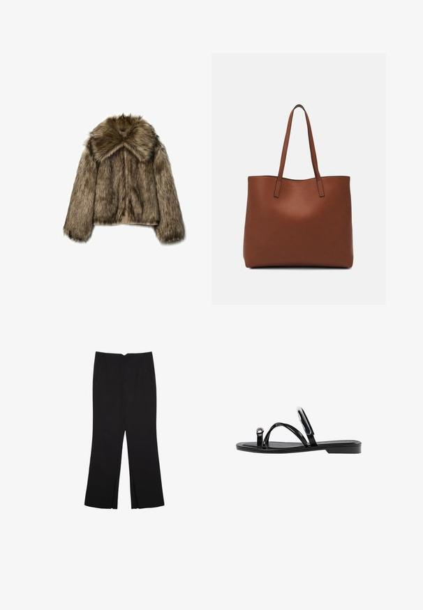 Lažno krznena jakna v rjavih odtenkih, z širokim ovratnikom, dolgimi rokavi in zadrgo. Tekstura je puhasta z mehkobo in luksuznim videzom.; Črna majica brez rokavov iz bombaža, z okroglim izrezom in širokimi odprtinami za roke. Gladka tekstura s šivi na robovih. Klasičen, minimalističen dizajn.; Črne hlače ravnega kroja z naglavnimi žepi in stranskimi razporki na robu. Narejene iz mehke, gladke tkanine. Primerne za različne priložnosti.; Črne ravne sandale s sijajno končno obdelavo, tremi tankimi trakovi in okroglo kovinsko podrobnostjo na prstih. Elegantna zasnova z minimalnim peto.; Rjava usnjena torba z gladko teksturo, odprto zasnovo zgoraj in dvema naramnima trakovoma. Opremljena je z minimalnim šivanjem in brez vidnih kovinskih delov.