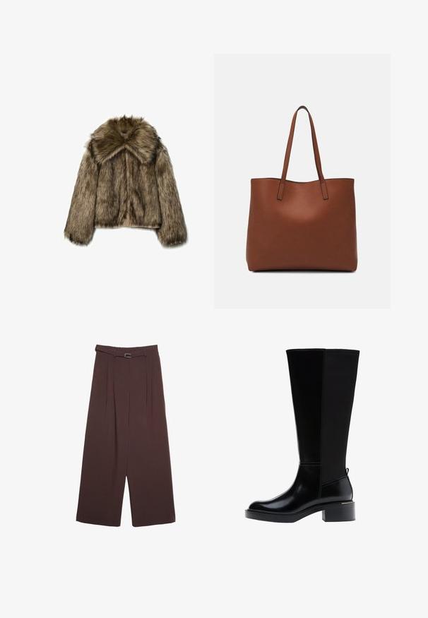 Giacca in pelliccia sintetica nelle tonalità del marrone, con un ampio colletto, maniche lunghe e chiusura con cerniera. La texture è soffice con un aspetto morbido e lussuoso.; T-shirt nera a maniche corte in cotone. Presenta un collo rotondo e una vestibilità ampia con una texture liscia e uniforme. Nessun motivo o accento visibile.; Stradivarius WIDE-LEG WITH BUCKLE DETAIL - Pantaloni - dark brown; Stivale nero fino al ginocchio in pelle liscia, con evidenti cuciture, tacco spesso e pannello posteriore testurizzato per un tocco di interesse in più.; Borsa tote in pelle marrone con texture liscia, design con apertura superiore e due spallacci. Presenta cuciture minime e nessun hardware visibile.