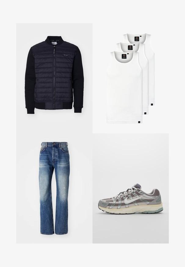 Mornarsko modra bomberska jakna s prešitjem spredaj, rebrastimi manšetami in zadrgo, ki ima oznako logotipa na prsih. Mehak material.; Tri bele rebraste majice brez rokavov iz bombaža. Imajo okroglo izreza in majhne črne etikete blizu roba. Na voljo v več velikostih.; Modri kavbojki z ravnim krojem, ki se ponašajo z svetlim pranje in rahlim gubanjem na sprednji strani. Standardni kroj s petimi žepi.; Sive športne čevlje z zgornjim delom iz mrežastega in semiš materiala, belimi akcenti, oblazinjenim podplatom ter edinstvenim dizajnom z odsevnimi elementi.