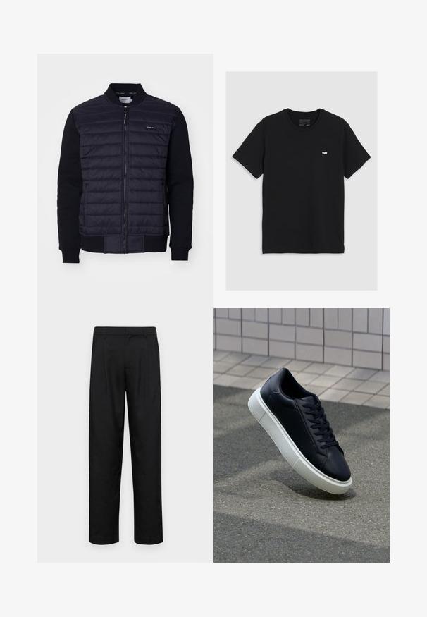 Casaco bomber azul-marinho com frente acolchoada, punhos canelados e fecho com zíper, apresentando uma etiqueta de logotipo no peito. Textura suave.; T-shirt de algodão preto com mangas curtas, decote redondo, apresenta um pequeno logotipo branco da Levi's no peito, textura suave, corte clássico.; Calças pretas feitas de tecido suave, com um design de perna reta, dois pregas frontais e uma cintura padrão com passantes para cinto.; Sapatilha de couro preto com bico arredondado e sola de borracha branca. Apresenta atacadores planos e costuras mínimas na parte superior. Sola texturizada para melhor aderência.