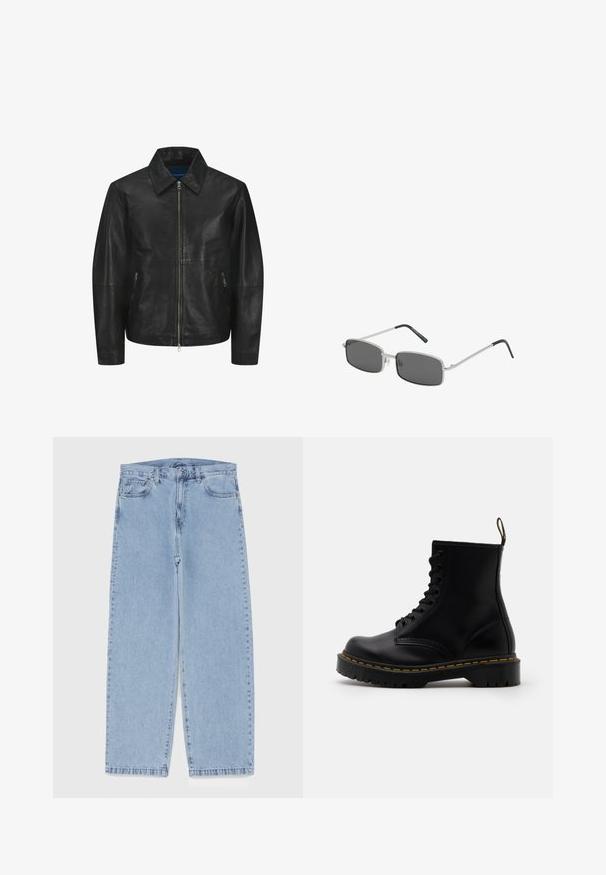 Veste en cuir noir au texture lisse, avec un col, fermeture éclair à l'avant et deux poches zippées sur les côtés. Design simple et structuré.; Pull à col roulé noir avec un col ajusté, des manches longues et des poignets et ourlet côtelés. Fabriqué en tissu doux et extensible avec une texture lisse.; Débardeur noir en tissu côtelé, avec un col rond et sans manches, présentant un ourlet droit et un design minimaliste.; Jean en denim bleu clair avec une coupe droite, présentant une taille mi-haute, cinq poches, et une fermeture à bouton et à fermeture éclair.; Bottines en cuir noir avec un laçage à l'avant, des coutures jaunes, un bout rond et une semelle en caoutchouc épaisse et texturée.; Lunettes de soleil rectangulaires avec des verres gris foncé, monture en métal argenté fin et embouts de branches en caoutchouc noir. Design minimaliste.