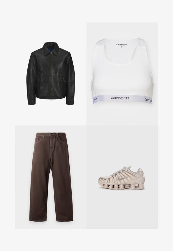 Veste en cuir noir au texture lisse, avec un col, fermeture éclair à l'avant et deux poches zippées sur les côtés. Design simple et structuré.; Soutien-gorge sportif blanc en tissu lisse, avec un dos nageur et une bande élastique grise arborant le logo Carhartt en noir. Taille petite.; Pantalons larges marron en coton, avec un design classique à cinq poches, une fermeture éclair et des détails de couture visibles.; Chaussure de sport beige clair avec une tige en mesh, un design structuré et une semelle amortissante distinctive comportant des sections cylindriques.