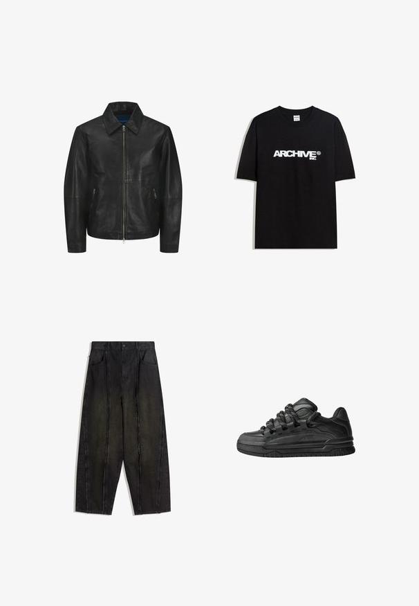 Fekete bőrdzseki sima felülettel, galléros nyakkal, elülső cipzárral és két oldalsó cipzáras zsebbel. Egyszerű, letisztult dizájn.; Fekete pamut póló, fehér "ARCHIVE inc." logóval a mellkasán, rövid ujjakkal és kerek nyakkivágással.; Fekete, bőszárú farmernadrág, látható varrásokkal és rojtos szélekkel, két első zsebbel és magas derekú fazonnal.; Fekete sportcipők sima bőrből készült felső résszel, struktúrált kiegészítőkkel, valamint kerek fekete és fehér fűzőkkel. Vastag gumitalp mintázott bordázattal.