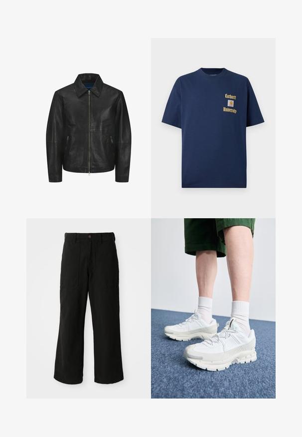 Juodas odinis švarkas su glotnia tekstūra, apykakle, priekiniais užtrauktukais ir dviem šoninėmis kišenėmis su užtrauktuku. Paprastas, struktūruotas dizainas.; Tamsiai mėlyna medvilninė marškinėliai trumpomis rankovėmis, su auksiniu tekstu "Carhartt University" ir logotipo siuviniu kairėje krūtinės pusėje.; Juodos plačios kelnės, pagamintos iš minkštos medžiagos, su priekinėmis kišenėmis ir mygtuku juosmens srityje. Minimalistinis dizainas be matomų raštų.; Baltos sportinės bateliai su tekstūruotais uždengimais, masyviu padu ir pilkais akcentais. Dėvimi su baltais trumpais kojiniais ir žaliais šortais mėlyname paviršiuje.