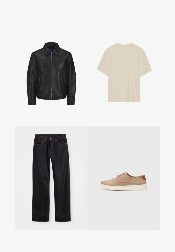 Must must naht, mille tekstuuri, krae, ees luku ja kaks külgmist lukuga taskut. Lihtne, struktureeritud disain.; Kreemi tooni lühikese varrukaga T-särk, mis sisaldab õrna triibulist tekstuuri ja ümardatud kaelust, valmistatud kergest kangast.; Meeste sirge jala mustad denim teksad viie taskuga, oranž õmblus, nupu ja tõmblukuga ees nagu vöökoht.; Beežid nahast tossud ümarate varvastega, paeltega esiosa ja tekstuuriga tagakontuuriga. Valge kummist tallapakkumine loob kontrasti. Lihtne ja kaasaegne disain.