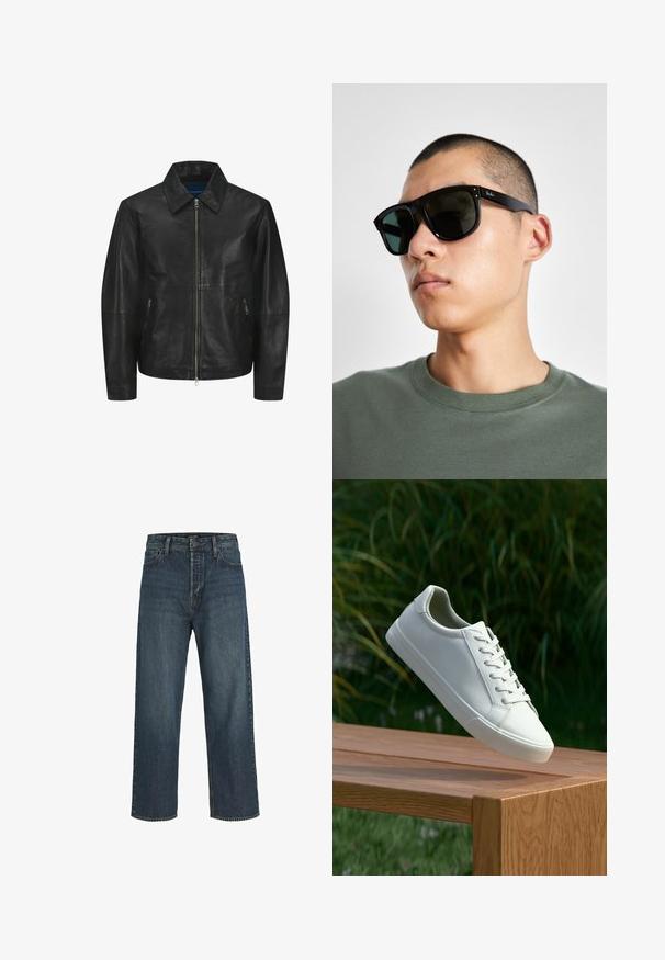 Czarna skórzana kurtka o gładkiej fakturze, z kołnierzem, z przodem na zamek błyskawiczny oraz dwoma bocznymi kieszeniami na zamek. Prosty, zorganizowany design.; Biała koszulka z krótkim rękawem wykonana z bawełny, z okrągłym dekoltem i luźnym krojem. Gładka faktura, bez widocznych wzorów lub akcentów.; Granatowe dżinsy o wysokim stanie, szerokiej nogawce, z delikatnym wyblaknięciem i klasycznym pięciopunktowym krojem. Zapięcie na guzik z przodu i zamek błyskawiczny.; Białe sneakersy sznurowane unoszące się nad drewnianą ławką z zielonymi liśćmi w tle, ukazujące wzór i teksturę buta.; Czarne prostokątne okulary przeciwsłoneczne z ciemnymi szkłami, o charakterystycznym kształcie i logo na zauszniku. Noszone przez osobę w zielonej koszuli.