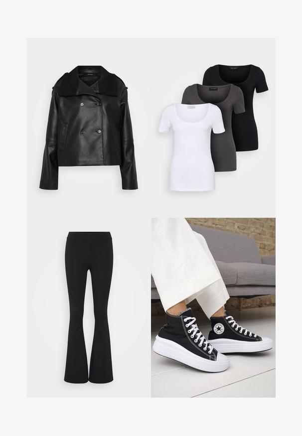 Giacca in pelle nera cropped con chiusura doppiopetto, ampio colletto, tasche laterali e dettagli a coste sul colletto e sui polsini.; Tre T-shirt aderenti in bianco, grigio e nero. Ognuna presenta un ampio scollo a barca e maniche corte. Realizzate in un tessuto morbido e elastico.; Pantaloni neri a zampa d'elefante realizzati in tessuto elasticizzato, con una vita alta e una superficie liscia. I pantaloni si allargano a partire dal ginocchio.; Sneakers nere alte con suole e lacci in gomma bianca. Presentano una toppa con logo rotondo e cuciture a contrasto bianche. Materiale in tela.