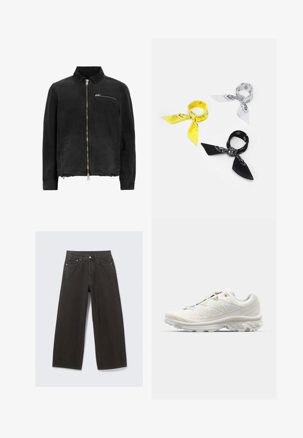 AllSaints ROTHWELL czarny; Biały bawełniany top na ramiączkach z okrągłym dekoltem, szerokimi ramiączkami i prostym dołem, charakteryzujący się gładką teksturą i brakiem widocznych wzorów.; Szerokie czarne dżinsy z wysokim stanem, pięcioma kieszeniami i zapięciem na guzik. Materiał ma miękkie, teksturowane wykończenie.; Białe buty do biegania z przewiewną siateczką, teksturowanymi akcentami i amortyzowaną podeszwą. Posiadają system szybkiego sznurowania dla łatwego dopasowania.; Trzy bandany: jedna żółta z czarnymi wzorami, jedna biała z czarnymi grafikami, a jedna czarna z białymi grafikami. Wszystkie są kwadratowe, wykonane z lekkiego materiału.