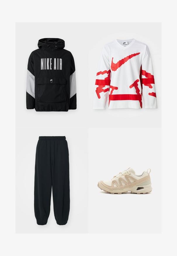 Sort vindjakke med hætte, der har "NIKE AIR" i store hvide bogstaver. Grå detaljer på skuldrene og en frontlomme. Slankt design.; Hvid langærmet trøje med røde grafiske elementer, herunder et stort Nike-logo, med en mesh-textur og kontrasterende horisontale røde striber.; Sorte svedbukser med elastisk talje, løs pasform, afsluttede ankler, glat tekstur og uden synlige mønstre eller hardware-detaljer.; Beige og creme atletiksko med struktureret mesh-overdel, støttende overlays og gummiyderside med et mønster for trækkraft.