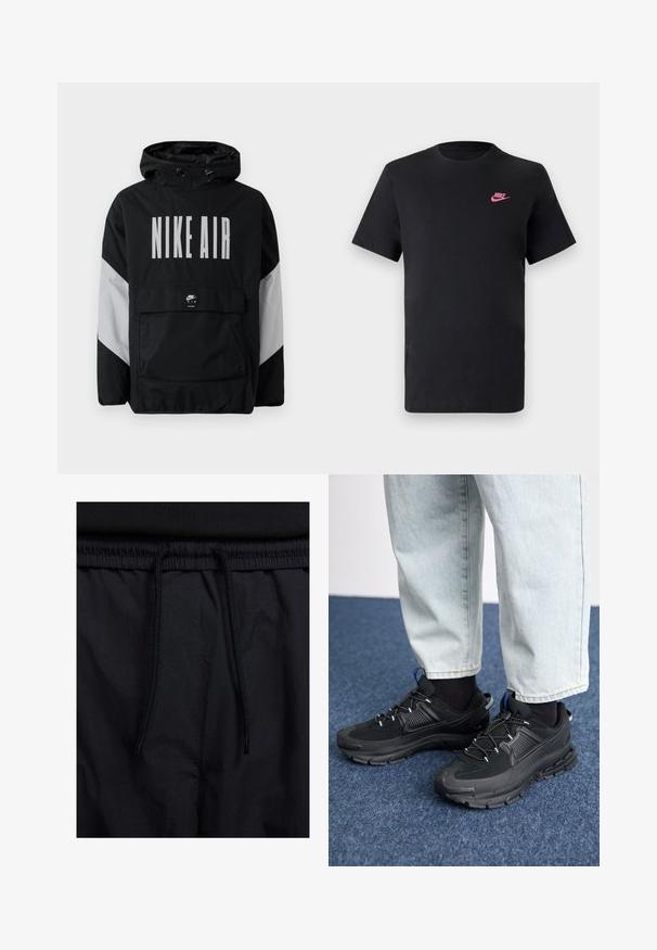 Svart vindjakke med hette, med "NIKE AIR" i store hvite bokstaver. Grå detaljer på skuldrene og en lomme foran. Strømlinjeformet design.; Svart bomull T-skjorte med rund hals og korte ermer. Har en rosa Nike-logo på øvre venstre side. Glatt tekstur.; Sorte shorts med snor i livet, lett stoff med en jevn tekstur, og et enkelt design uten synlige logoer eller mønstre.; Svarte sportssko med teksturert stoff og gummisåler, med elastiske lisser og en blå detalj på hælen. Brukt med lyse denimbukser.