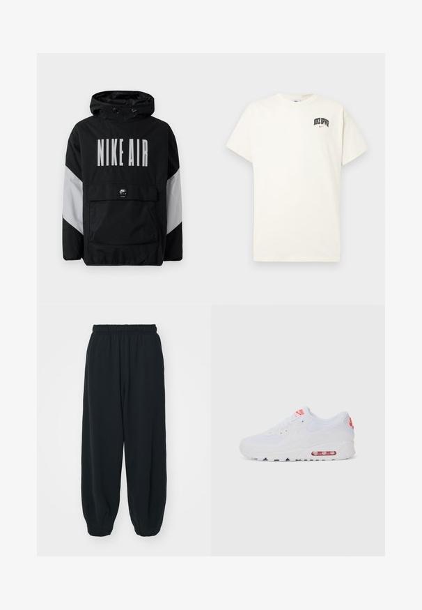 Giacca a vento nera con cappuccio, caratterizzata dalla scritta "NIKE AIR" in grande bianco. Accenti grigi sulle spalle e una tasca a marsupio frontale. Design elegante.; T-shirt in cotone color crema con maniche corte, con la scritta "NIKE SB" in nero e rosso sul petto. Collo tondo standard.; Pantaloni da jogging neri con vita elasticizzata, dalla vestibilità morbida, caviglie a costina, texture liscia e senza motivi visibili o dettagli in metallo.; Sneaker atletica bianca con tomaia liscia, chiusura con lacci, suola ammortizzata e un'unità d'aria visibile con accenti rossi sul branding.