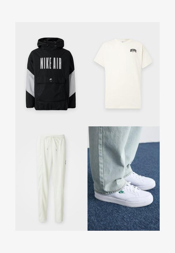 Casaco impermeável preto com capuz, apresentando "NIKE AIR" em grandes letras brancas. Detalhes cinzentos nos ombros e um bolso frontal tipo pouch. Design elegante.; T-shirt de algodão na cor creme com mangas curtas, apresentando "NIKE SB" em texto preto e vermelho no peito. Gola redonda padrão.; Calças jogger slim-fit brancas com cintura elástica e cordão, apresentando detalhes nas costuras laterais e um pequeno patch preto na perna direita.; Tênis de couro brancos com logo verde da Nike, bico redondo, sola plana, combinados com calças de denim azul claro, exibidos sobre um tapete azul.