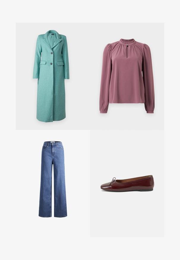 ONLY ONLEMMAX LONG COAT - Abrigo clásico - lush meadow; Blusa de manga larga en color malva con cuello fruncido, escote en forma de ojal con cierre de botón y hombros ligeramente abullonados.; Jeans de mezclilla de tiro alto, de pierna ancha, en azul claro, con dos bolsillos delanteros y costuras visibles. Cuentan con un cierre de botón y cremallera.; Bailarina de charol burdeos con punta redonda, pequeño lazo en la parte frontal y una suela baja de goma negra. Textura suave.