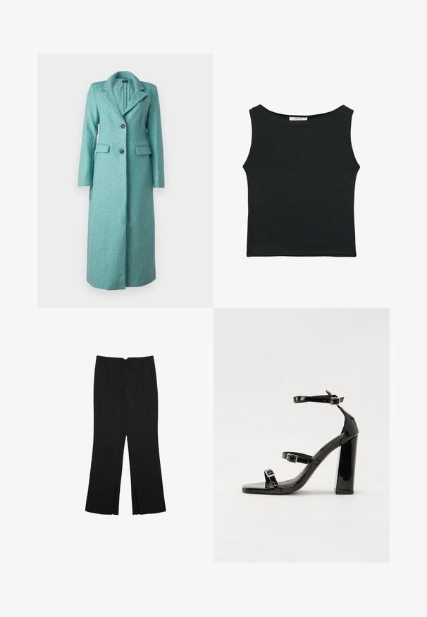 ONLY ONLEMMAX LONG COAT - Cappotto classico - lush meadow; Top senza maniche nero realizzato in tessuto morbido, caratterizzato da un collo arrotondato e un design aderente senza motivi visibili o decorazioni.; Pantaloni neri a gamba dritta, con tasche frontali e spacchi laterali all'orlo. Realizzati in tessuto morbido e liscio. Adatti a diverse occasioni.; Sandali con tacco in vernice nera, con punta squadrata, cinturini alla caviglia e fibbie in argento. Presentano un tacco a blocco spesso per maggiore stabilità.