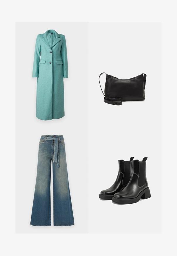 ONLY ONLEMMAX LONG COAT - Klassinen takki - lush meadow; Tumman laivastonsininen lyhyt neulepaita, jossa on röyhelötekstuuri, lyhyet leveät hihat ja pyöreä pääntie. Yksinkertainen muotoilu, ei näkyviä kuvioita tai yksityiskohtia.; Yksiväriset farkut leveällä lahkeella, joissa on vaaleasta tummansiniseen häipyvä väri, korkea vyötärö, vyölenkit ja yhteensopiva kangasvyö. Rakennefarkkujen pinta.; Mustat nahkaiset Chelsea-kengät paksulla korolla, joustavilla sivupaneeleilla ja kontrastilla valkoisella ompelulla. Teksturoitu pinta.; Musta nahkainen olkalaukku, jossa on sileä pinta, kaareva muoto, säädettävä hihna ja vetoketjukiinnitys. Minimalistinen muotoilu ilman koristeita.