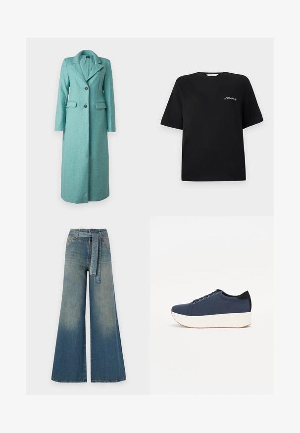 ONLY ONLEMMAX LONG COAT - Classic coat - lush meadow; Black cotton t-shirt with short sleeves and a crew neck. Features white embroidered text on the left chest area. Smooth texture.; Wide-leg denim trousers featuring a light to dark blue gradient, high waist, belt loops, and a matching fabric belt. Textured denim finish.; Navy blue sneaker with a textured fabric upper, white platform sole, rounded toe, and black heel accent. Features six eyelets for laces.