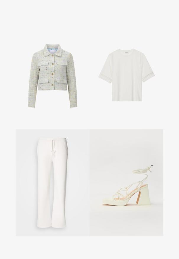 Pastelsest kootud kuldsete niitidega jakk. Omab kraed, nööpide sulgemist ja kahte eesmist taskut.; Valge lühikese varrukaga T-särk, mis on valmistatud puuvillast, kaunistatud pitsiga varrukate ääres ja ümmarguse kaelusega.; Valged, mugavad spordipüksid, mis on valmistatud pehmest kangast, elastse talje ja nööridega, sirgete jalgadega disainiga.; Valged kõrge kontsaga sandaalid, millel on paks konts ja rihmadega disain koos pahkluu sidumisega. Sile tekstuur ja platvorm ees, et lisada kõrgust.