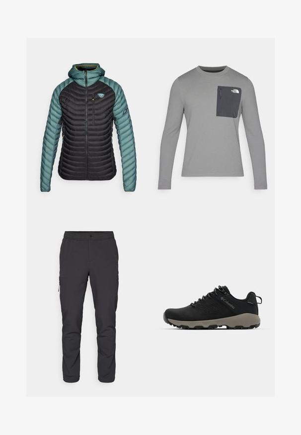 Dynafit RADICAL HOOD JACKET - Bunda z prachového peří - atlantic; Šedá košile s dlouhým rukávem z texturované tkaniny, s tmavě šedou náprsní kapsou a zipovým uzávěrem. Logo na kapse v bílé barvě.; Černé, kónické kalhoty s elastickým pasem, boční kapsou na zip a hladkým, lehkým materiálem. Ideální pro aktivní nošení.; Černá turistická bota s hladkým svrškem, perforovaným designem, šedou podrážkou a zesíleným patou. Obsahuje tkaničky a poutko pro snadné obutí.