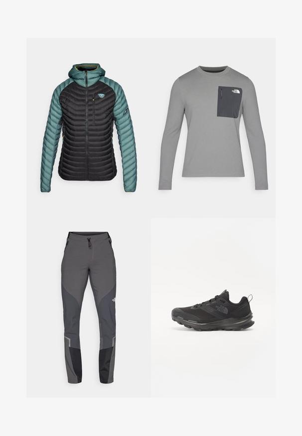 Dynafit RADICAL HOOD JACKET - Daunenjacke - atlantic; Langärmliges graues Shirt aus strukturiertem Stoff, mit einer dunkelgrauen Brusttasche und einem Reißverschluss. Logo in Weiß auf der Tasche.; Graue Wanderhosen mit tailliertem Design, mehreren Taschen und kontrastierenden dunkelgrauen und schwarzen Akzenten. Hergestellt aus einem flexiblen, strapazierfähigen Material.; Schwarzer Sportschuh mit Mesh-Obermaterial, Gummisohle und gepolstertem Schaft. Verfügt über Schnürsenkel, Logo an der Seite und ein strukturiertes Design.