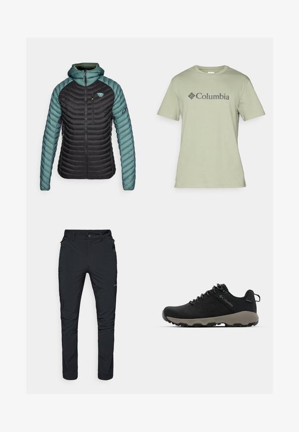 Dynafit RADICAL HOOD JACKET - Jachetă cu puf - atlantic; Tricou din bumbac de culoare verde deschis, cu guler rotund, mâneci scurte și un logo "Columbia" de culoare gri închis pe față. Textură netedă.; Pantaloni negri de exterior cu croi drept, având buzunare cu fermoar, bucle pentru curea și o textură de țesătură ușoară și durabilă.; Pantof de drumeție negru cu un superior neted, design perforat, talpă gri și toc întărit. Are șirete și o buclă pentru a fi îmbrăcat ușor.