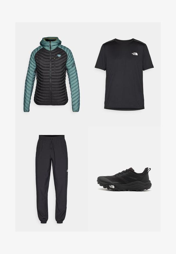Dynafit RADICAL HOOD JACKET - Down jacket - atlantic; Black short-sleeve T-shirt made from lightweight fabric. Features a small white logo on the left chest and subtle shoulder accents.; Black athletic pants made from lightweight fabric, featuring a drawstring waistband, side pockets, and tapered cuffs at the ankles.; Black trail running shoe with a textured upper, rubber sole, and reinforced toe cap. Features a padded collar and pull tab for easy wear.